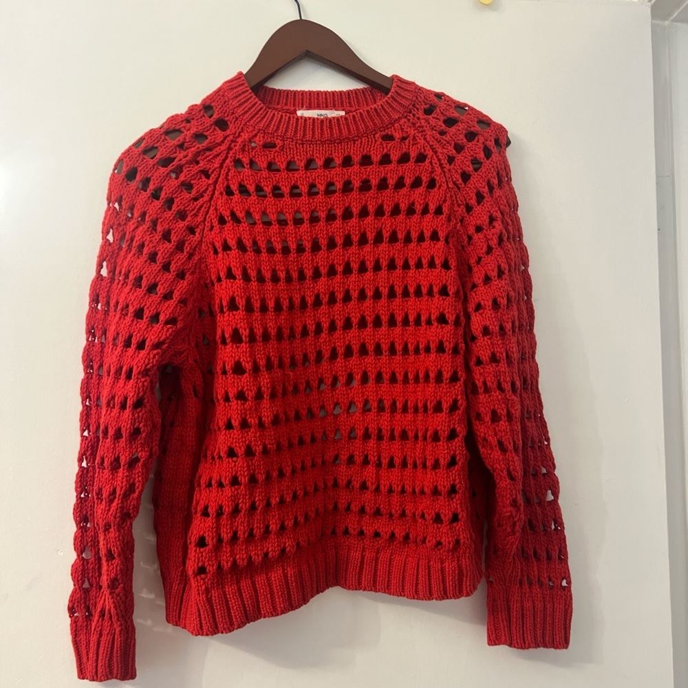 Mango Vibrant Red Open-Knit Sweater
